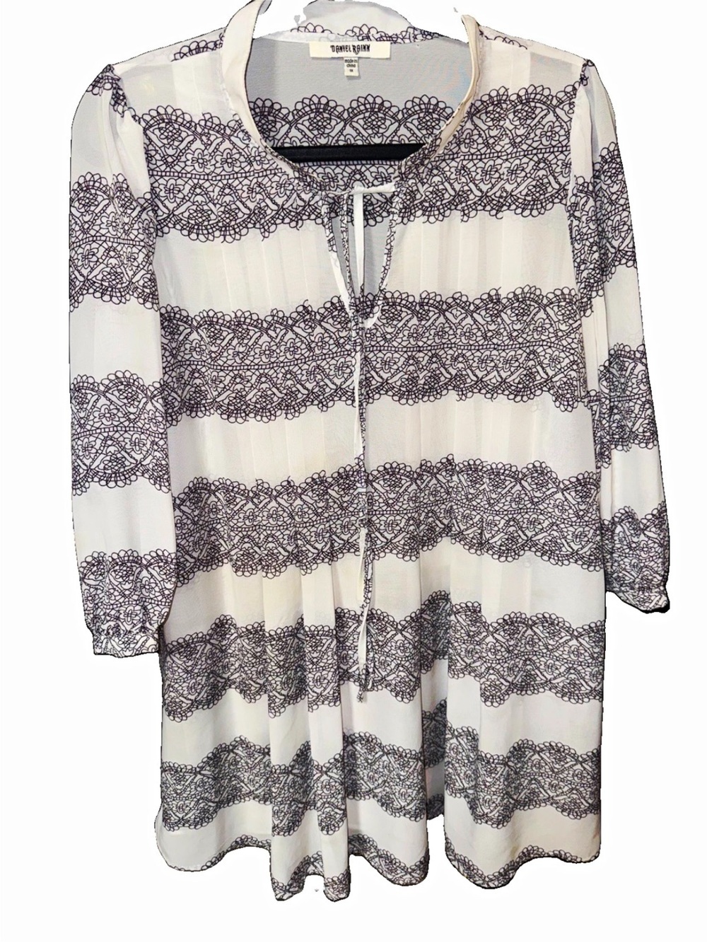 Daniel Rainn White Dress with Black Lace-Print Stripes